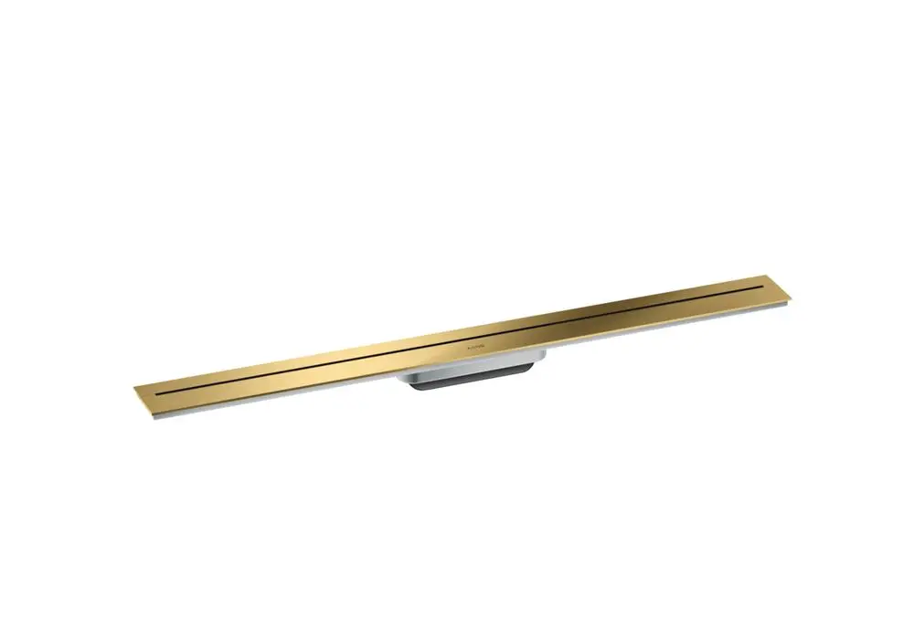 Duschrinne in Polished Gold Optic von AXOR, geeignet für Wandmontage. Langes, schmales Design mit zwei schmalen Rinnen für Wasserabfluss.